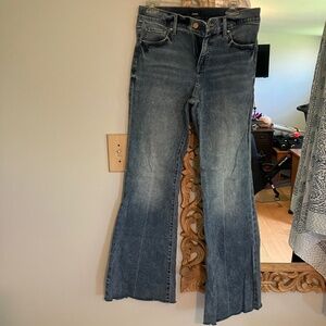 Express Mid Rise Light Wash Raw Hem '70s Flare Jeans